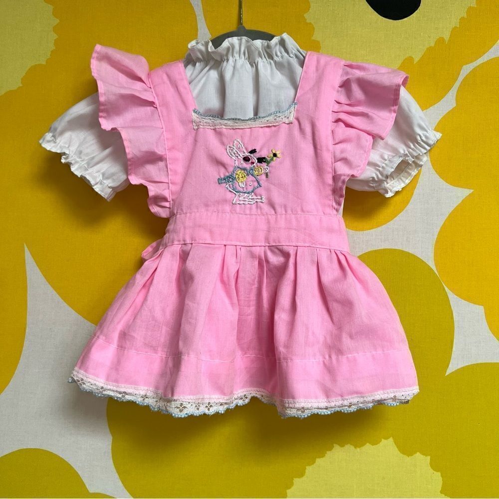 Vintage Handmade One of a Kind Bunny Embroidered Tuffle Pleated Pinafore Dress